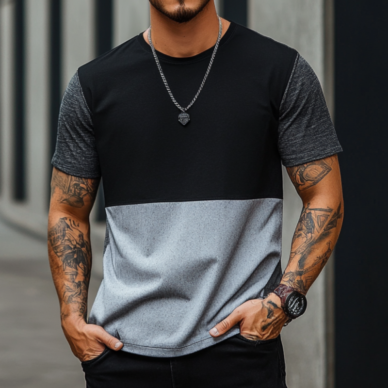 Men's Casual Premium Cotton Contrast Color Patchwork Round Neck Slim Short-sleeved T-shirt MTA1538E3M