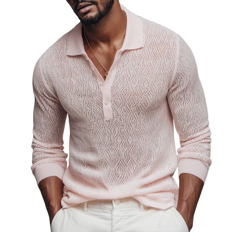 Men's Geometric Openwork Knit Lapel Long Sleeve Polo Shirt MTA1575H4Z
