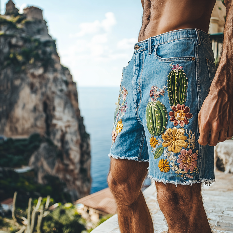 Men's Summer Fashion Italian Sicily Style Washed Denim Embroidered Trousers Hem Casual Shorts MTA1011F8K