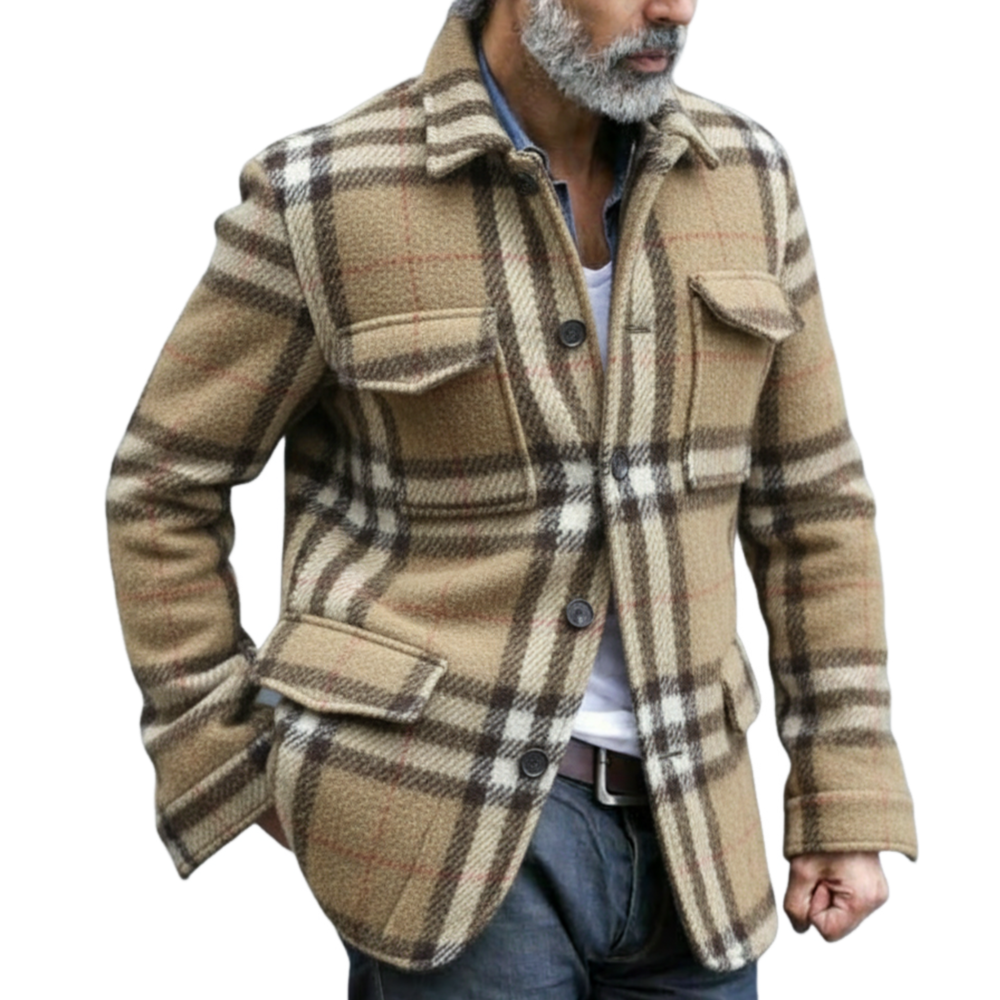 Men's Classic Light Business Lapel Single-breasted Faux Plaid Woolen Jacket With Multiple Pockets MTA3032I6K