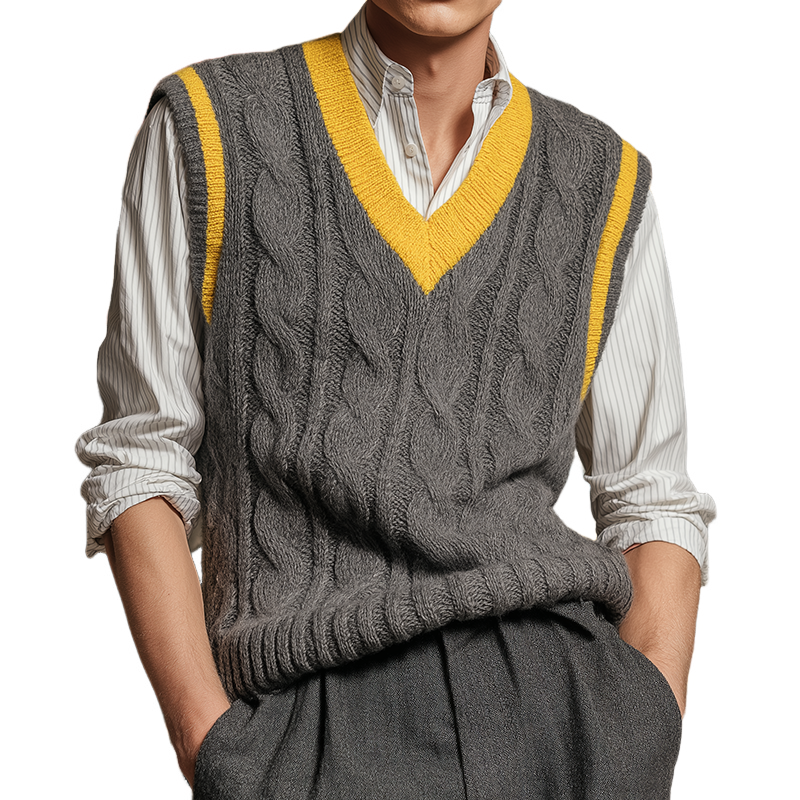 Men's Retro Casual Simple Knitted Colorblock V-Neck Vest MTA2387I4TO