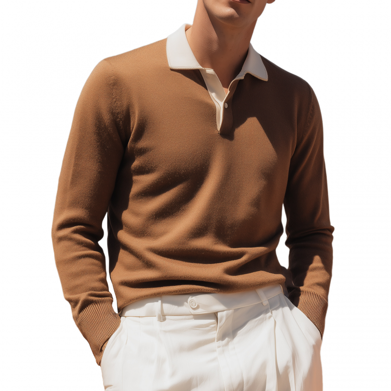 Men's Vintage Elegant Colorblock Lapel Slim Fit Pullover Knitted Long Sleeve Polo Shirt MTA0130H3M