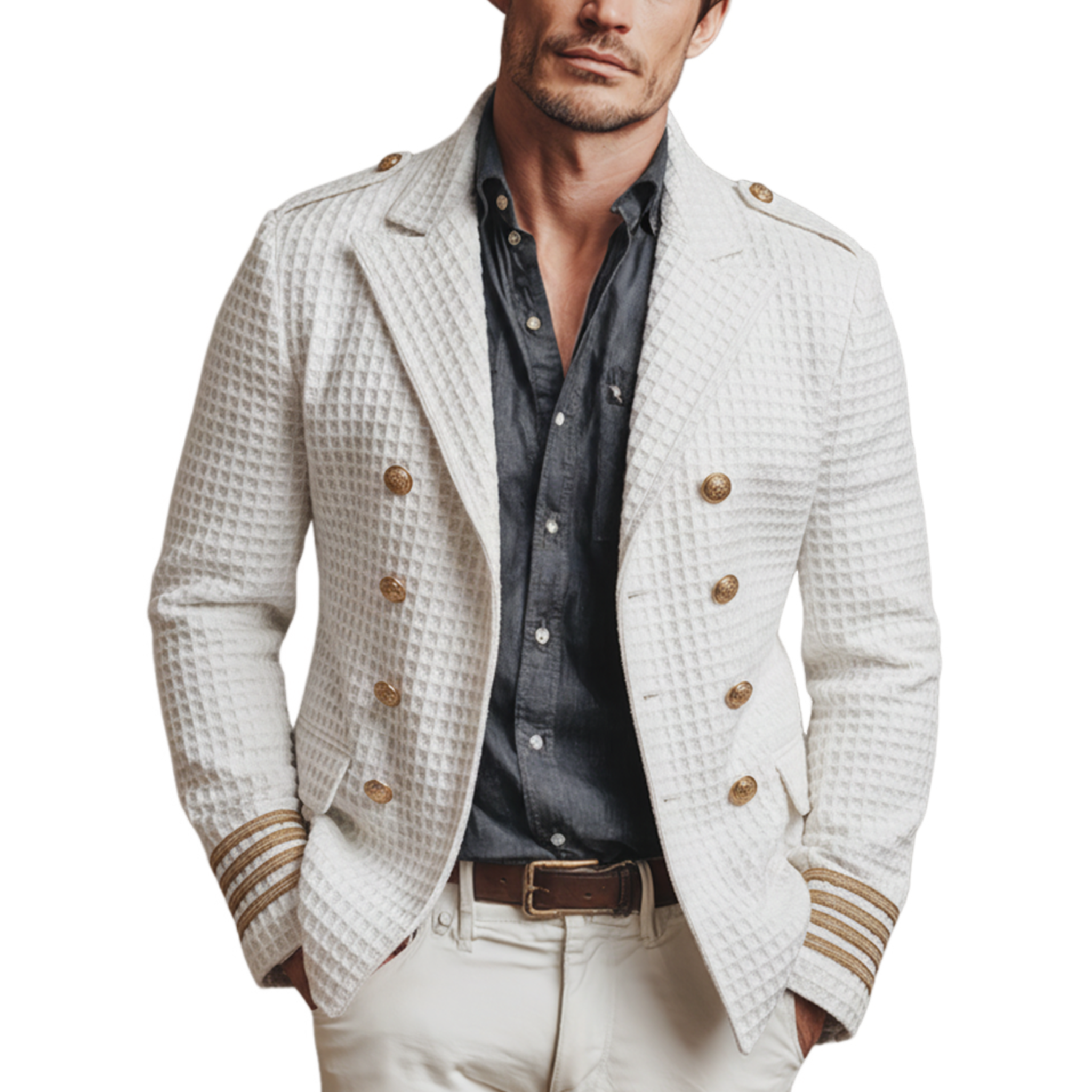 Men's Classic Casual Waffle Epaulette Lapel Double Breasted Jacket MTA2739J5K