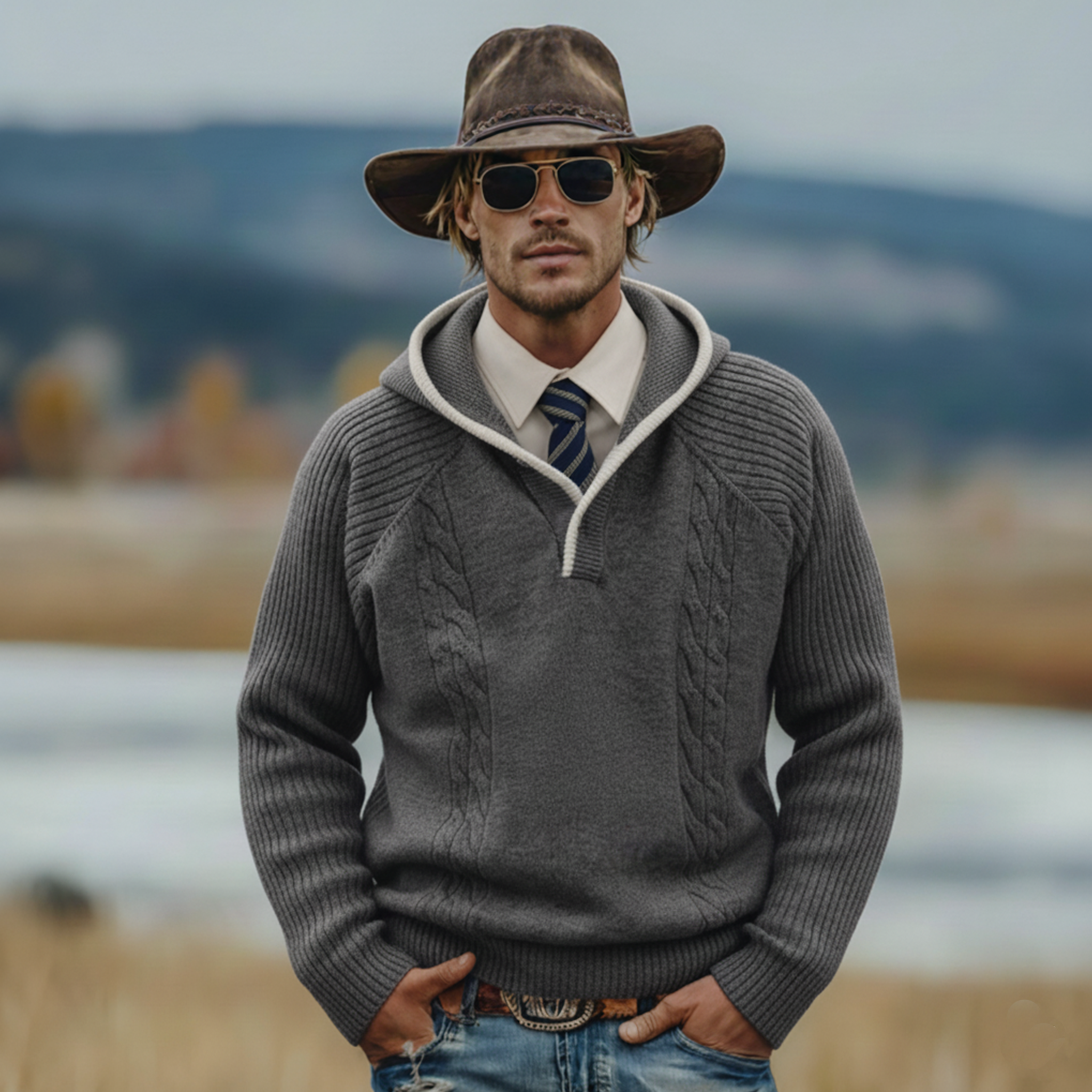 Men's Classic Casual Western Style Hooded Knitted Jacquard Sweatshirt MTA2801K0K