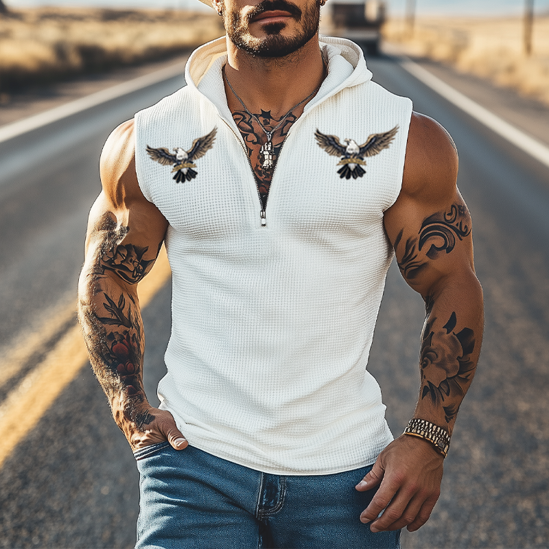 Men's Summer Fashion Casual Western Style Waffle Bald Eagle Embroidery Zipper Hooded Slim Tank Top MTA2927E0K