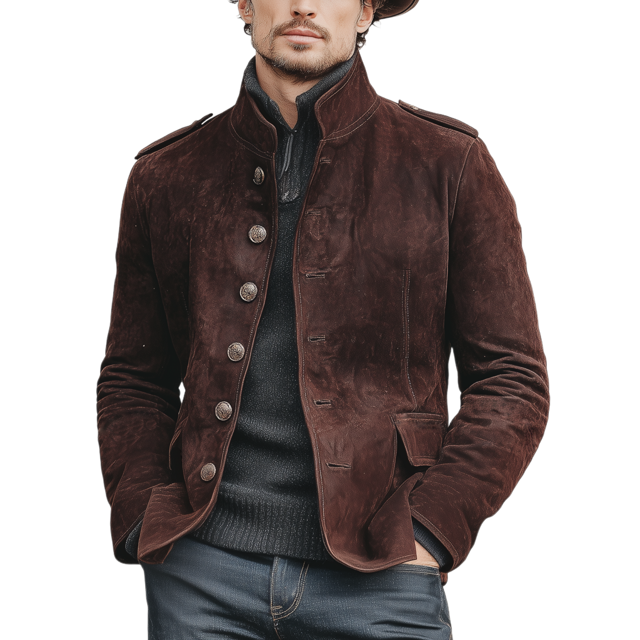 Men's Classic Retro Western Style Stand-up Collar Faux Suede Jacket MTA1757K0K