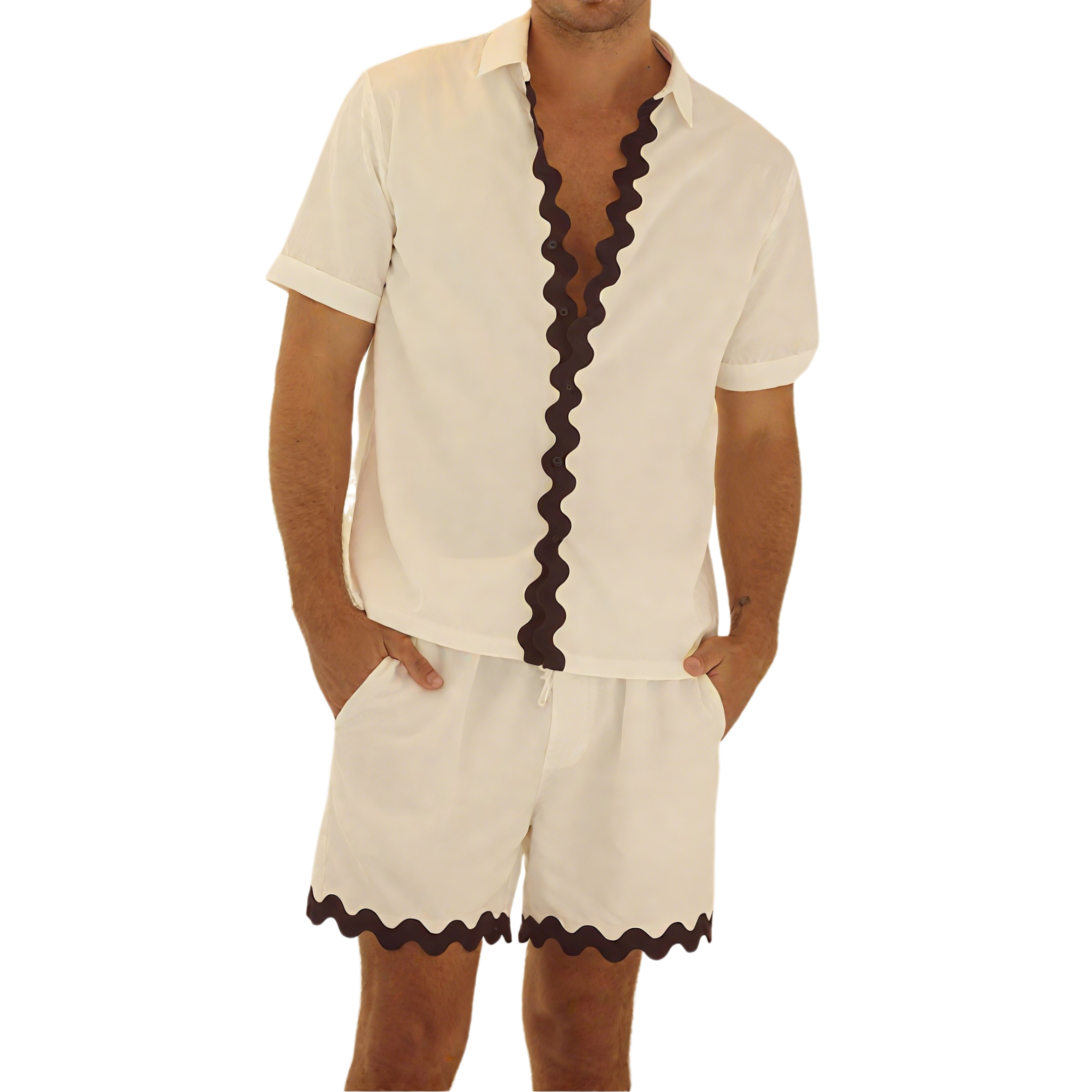 Men's Spring And Summer Fashion Casual Wave Ribbon Decorated Short Sleeve Shirt Shorts Set MTA0942G0K