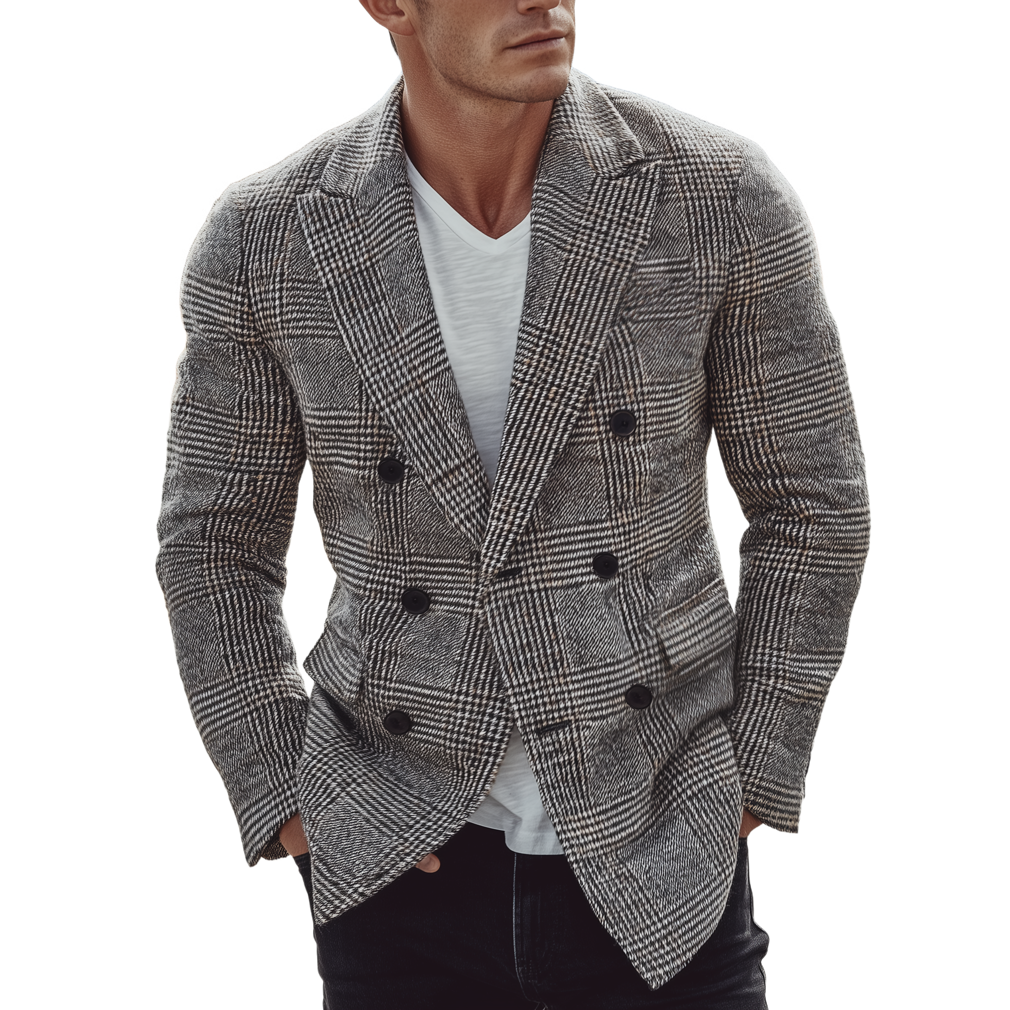 Men's Classic Casual Plaid Wool Fabric Double-breasted Slim-fit Blazer MTA0104I4K