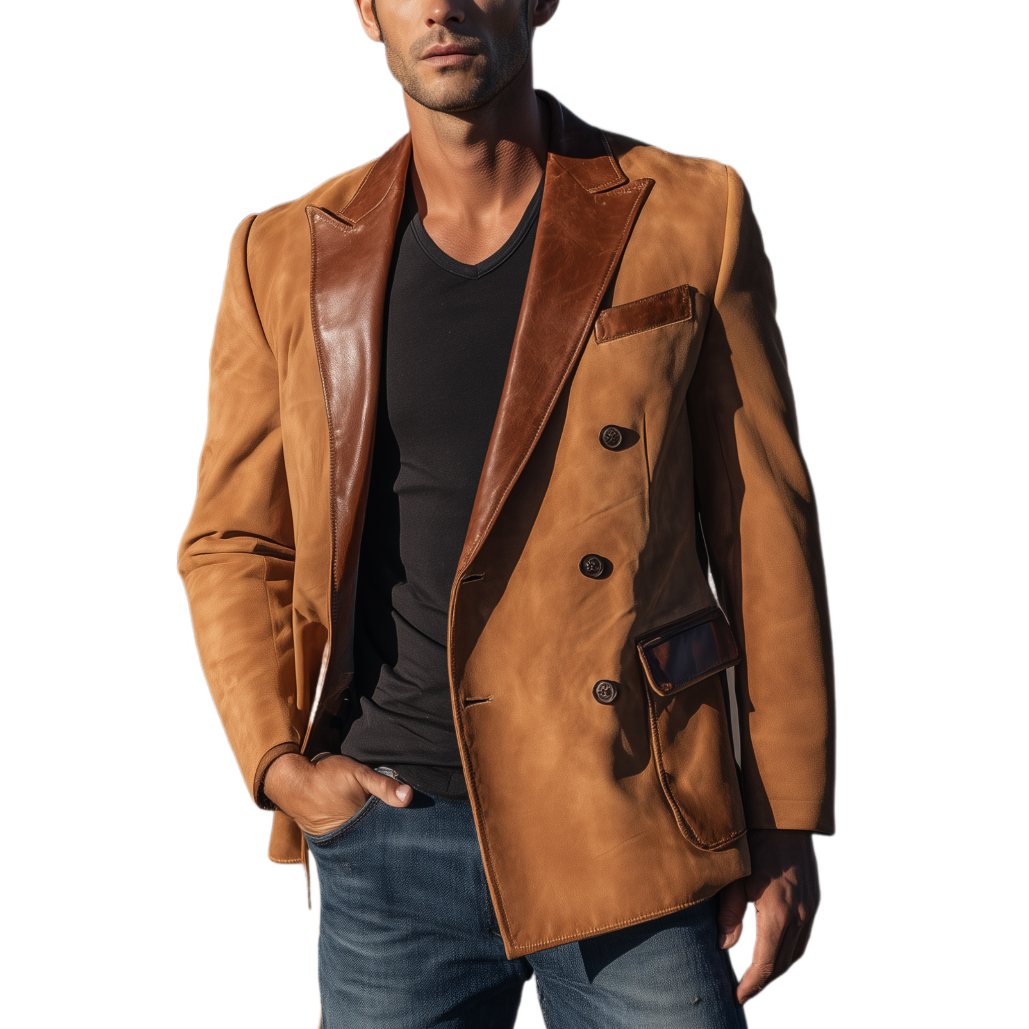 Men's Classic Retro Western Cowboy Style Suede Double-breasted Collar Splicing PU Leather Slim-fit Blazer MTA0522H1K