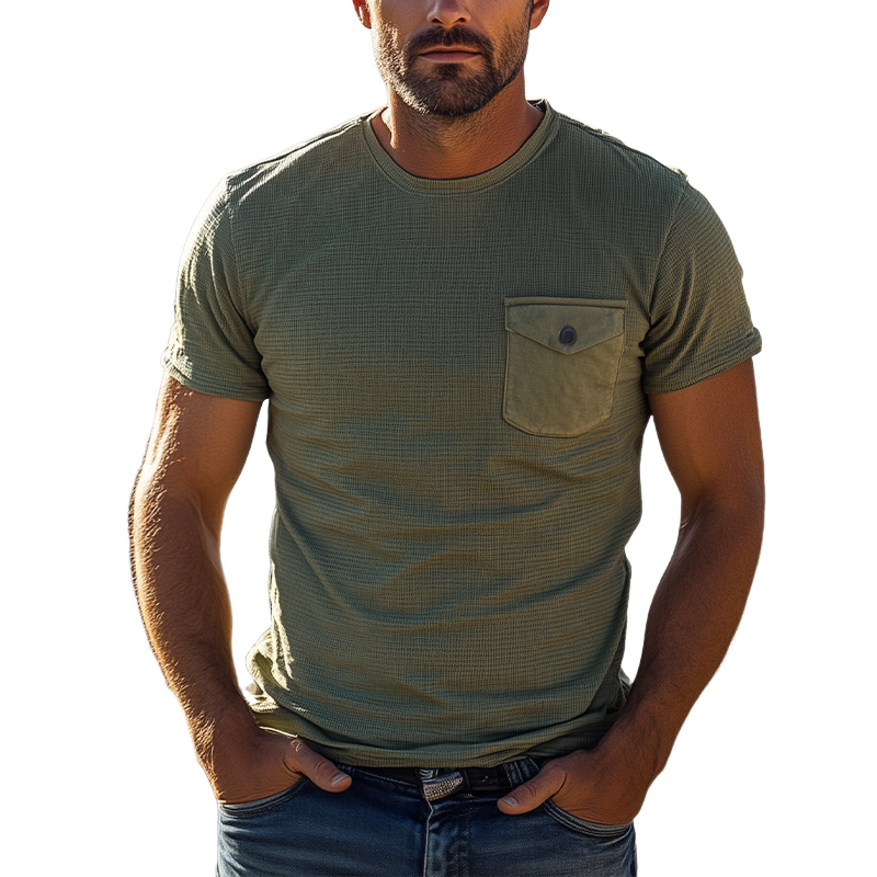 Men's Summer Fashion Personality Tough Guy Style Waffle Slim Chest Patch Pocket Short-sleeved T-shirt MTA2603E3K