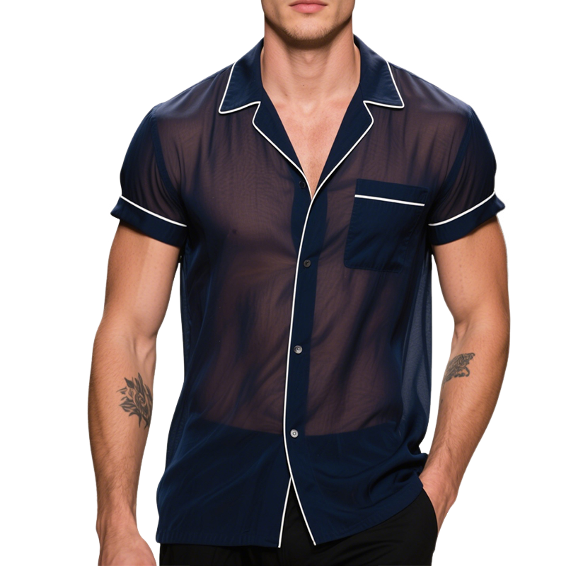 Men's Retro Casual Solid Color Mesh Lapel Short Sleeve Shirt MTA2382E7TO