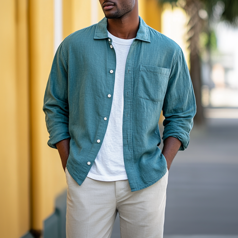 Men's Casual Breathable Botton Linen Blend Lapel Loose Long Sleeve Shirt MTA0624E2M