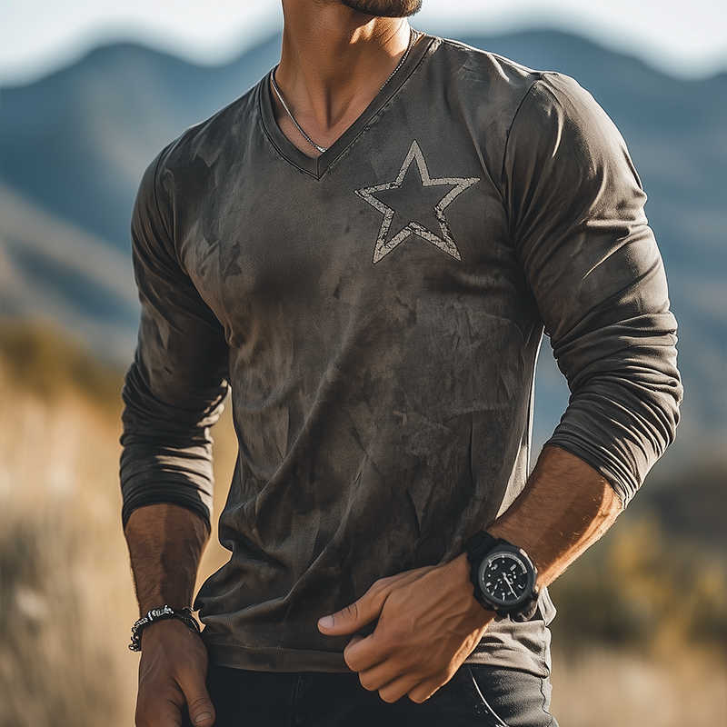 Men's Retro Casual Shabby Star Print Round Neck Long Sleeve T-shirt MTA3078G3TO