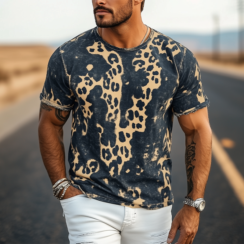 Men's Spring And Summer New Fashion Casual Retro Western Cowboy Style Distressed Leopard Print Cotton Blended Print Short-Sleeved T-Shirt MTA0900E7K