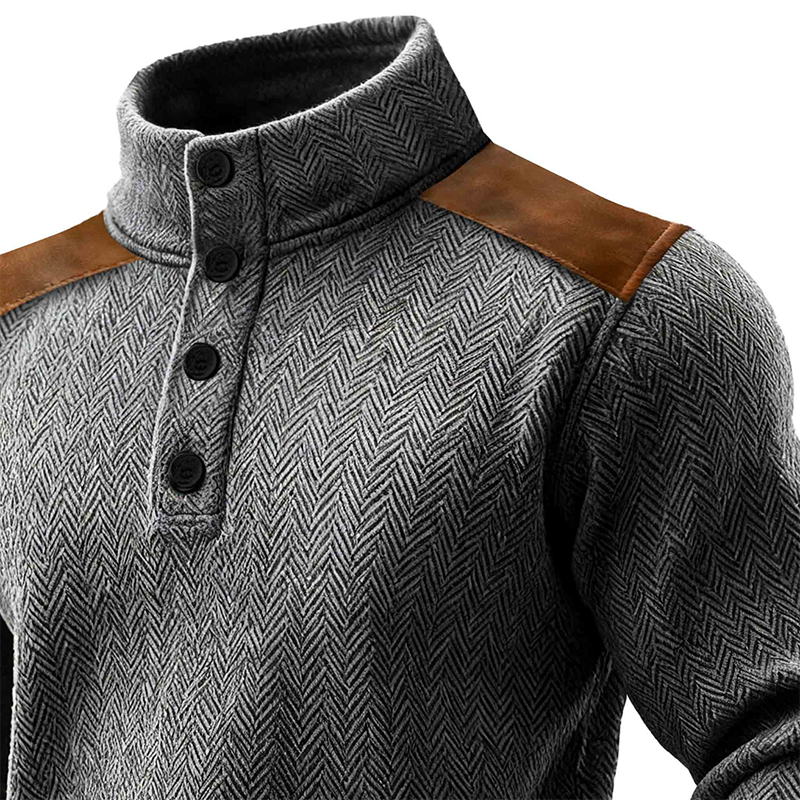 Men's Vintage Herringbone Paneled Faux Suede Stand Collar Pullover Sweatshirt MTA0996J1X