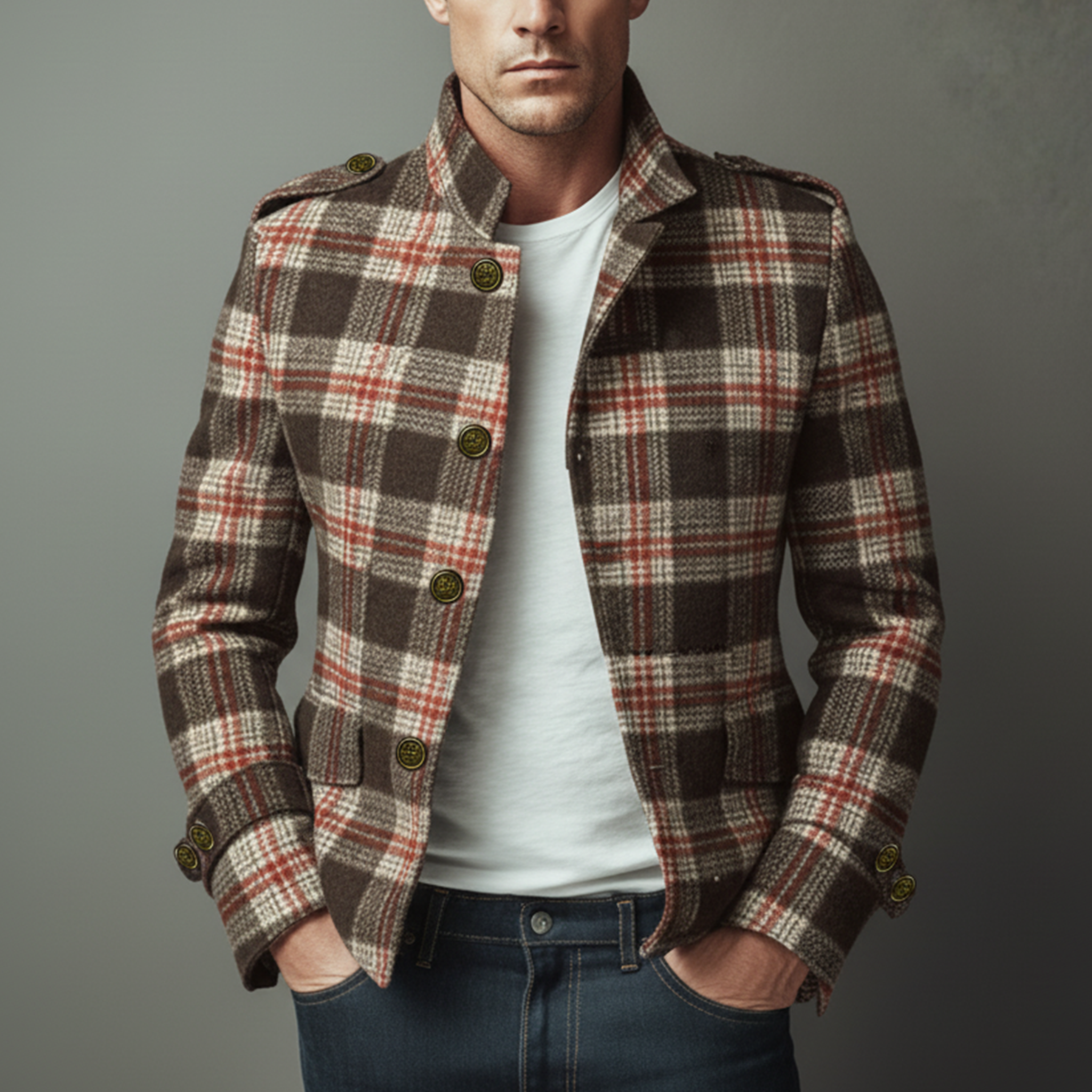 Men's Classic Retro Stand Collar Plaid Faux Woolen Slim Jacket MTA2982I9K