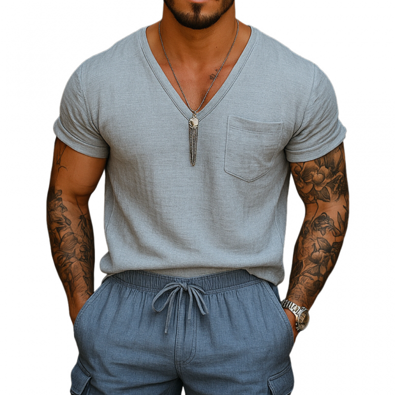 Men's Casual Breathable Cotton Linen V-neck Patch Pocket Loose Short-sleeved T-shirt MTA1588E0M
