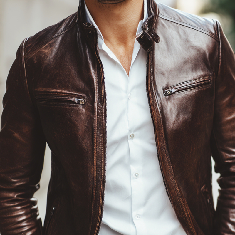Men's PU Leather Stand Collar Multi-Pocket Zipper Motorcycle Jacket MTA0535I9Z