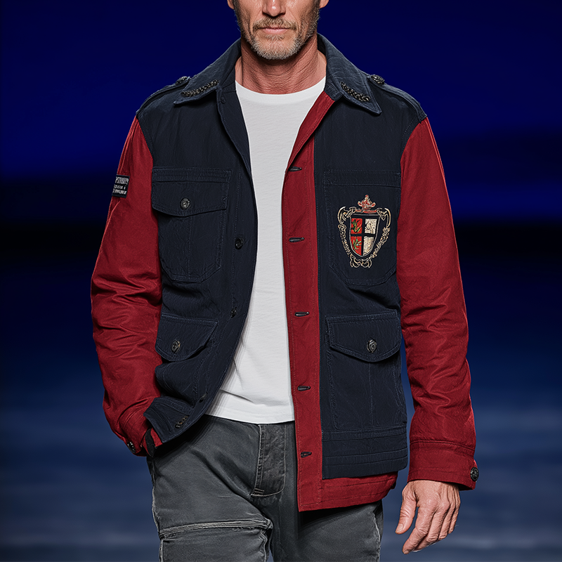 Men's Retro Contrast Color Stitching Embroidered Long Sleeve Jacket MTA2671H2P