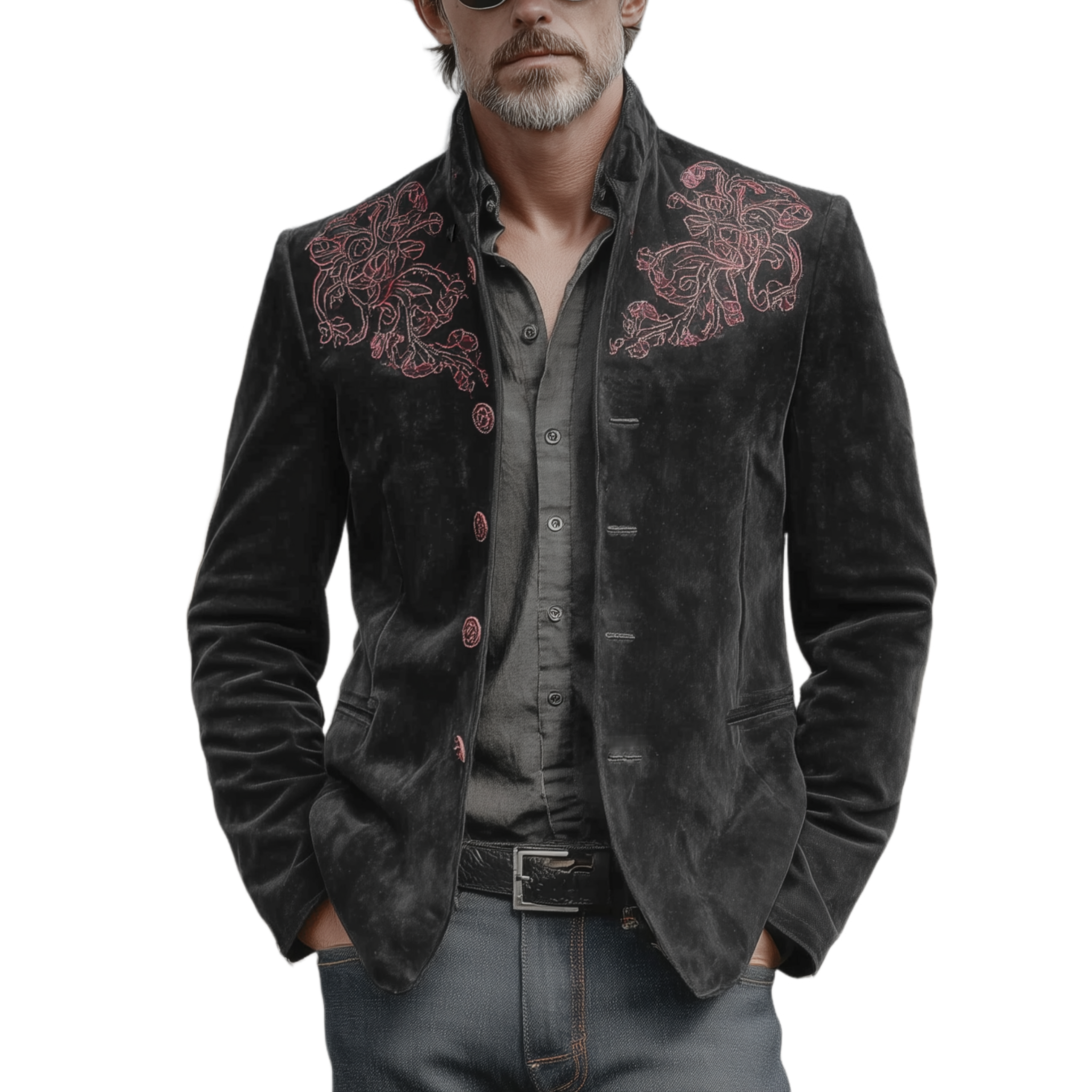 Men's Classic Retro Western Style Stand-up Collar Embroidered Faux Suede Jacket MTA2740K9K