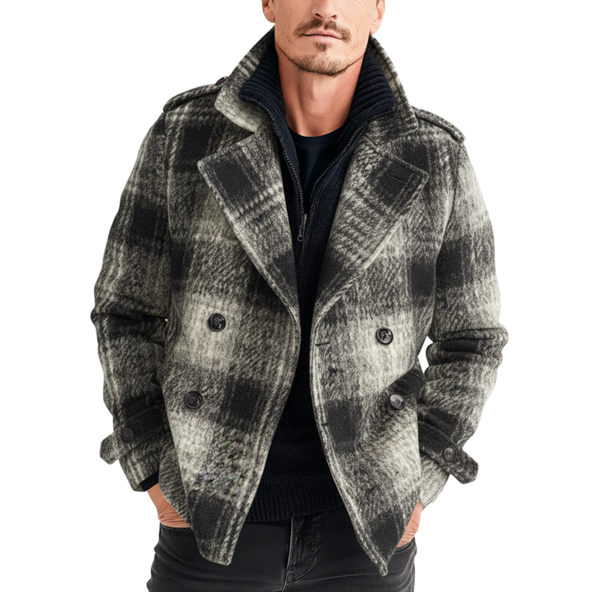 Men's Classic Light Business Lapel Double-breasted Faux Plaid Wool Jacket MTA3017I8K
