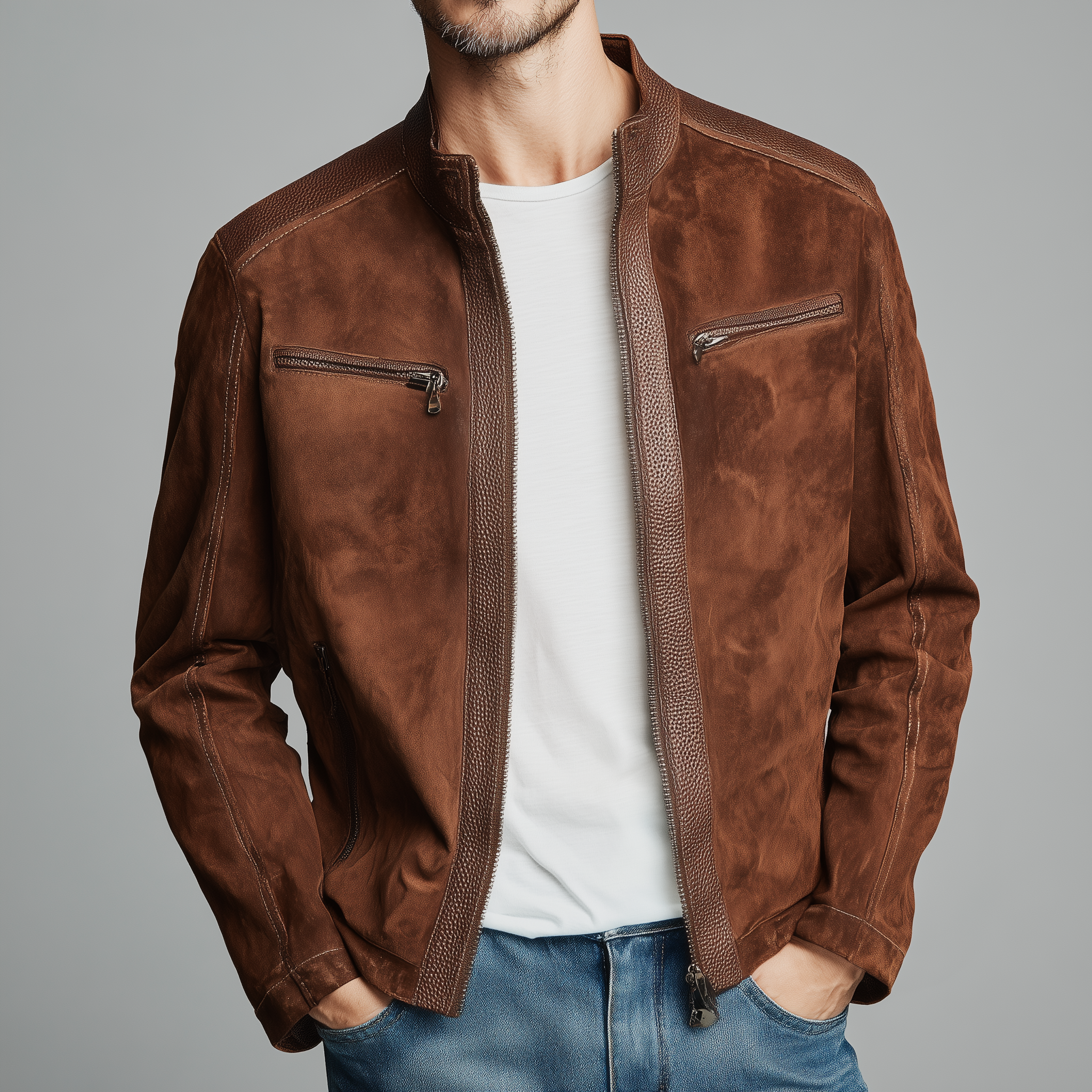 Men's Classic Retro Stand Collar Textured PU Leather Splicing Suede Slim Zipper Jacket MTA1653H6K
