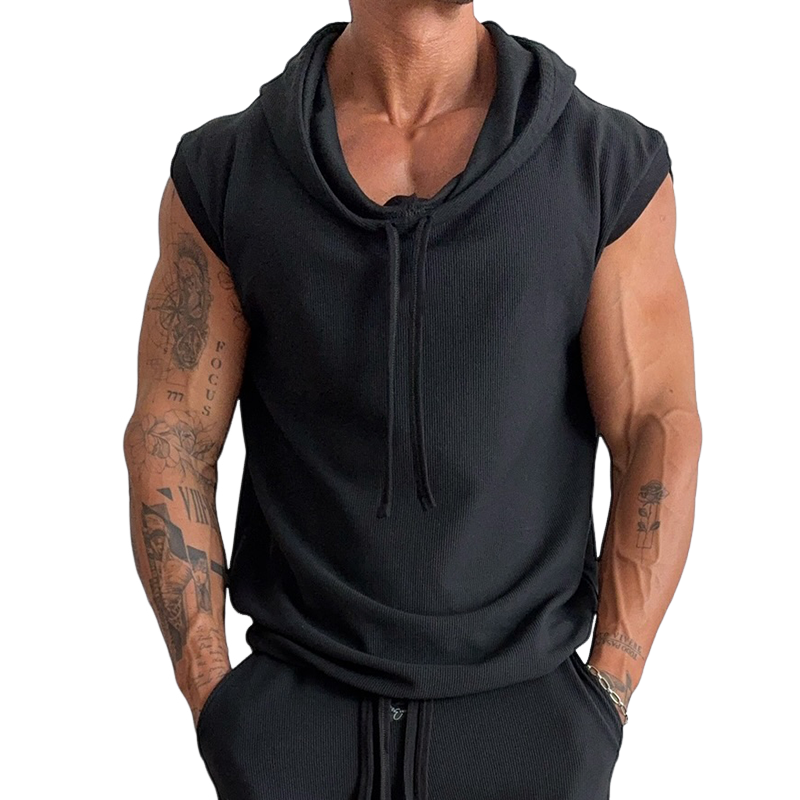 Men's Cotton Vintage Solid Drawstring Hoodie Tank Top MTA0401G3TO