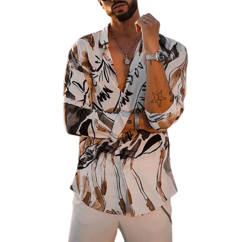 Men's Fashion Casual Art Print Chiffon Long Sleeve Shirt 15604158K