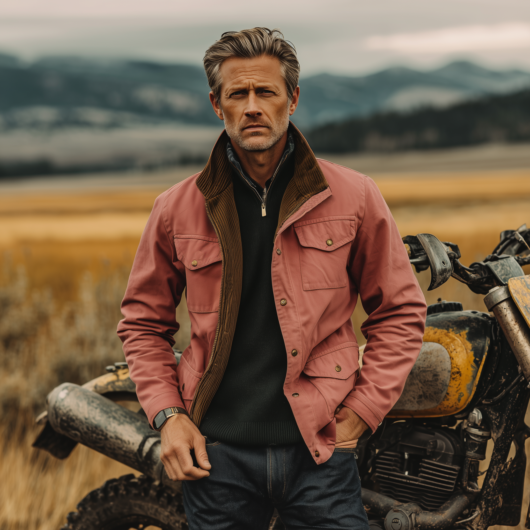 Men's Classic Western Retro Style Stand Collar Multi-pocket Zipper Pink Cotton Blend Jacket MTA0539I7K