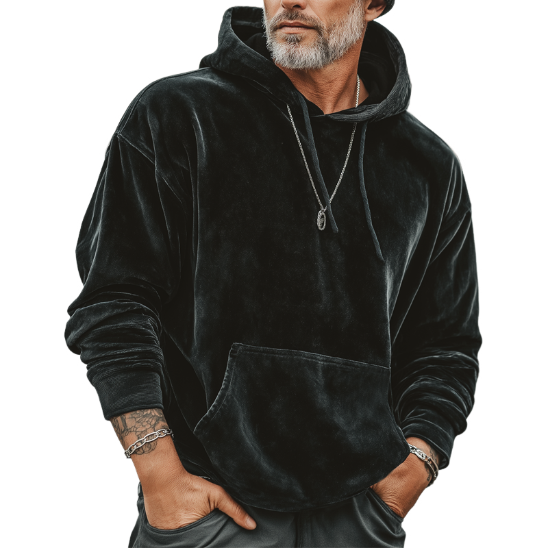 Men's Classic Minimalist Black Velvet Hooded Sweatshirt MTA2912L3U