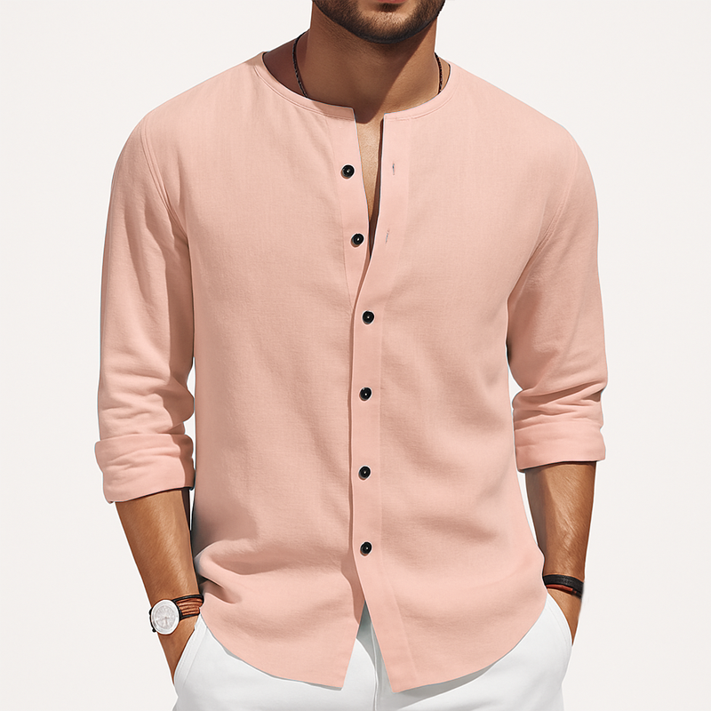 Men's Basic Solid Color Round Neck Cotton And Linen Long-sleeved Shirt MTA0455H6U