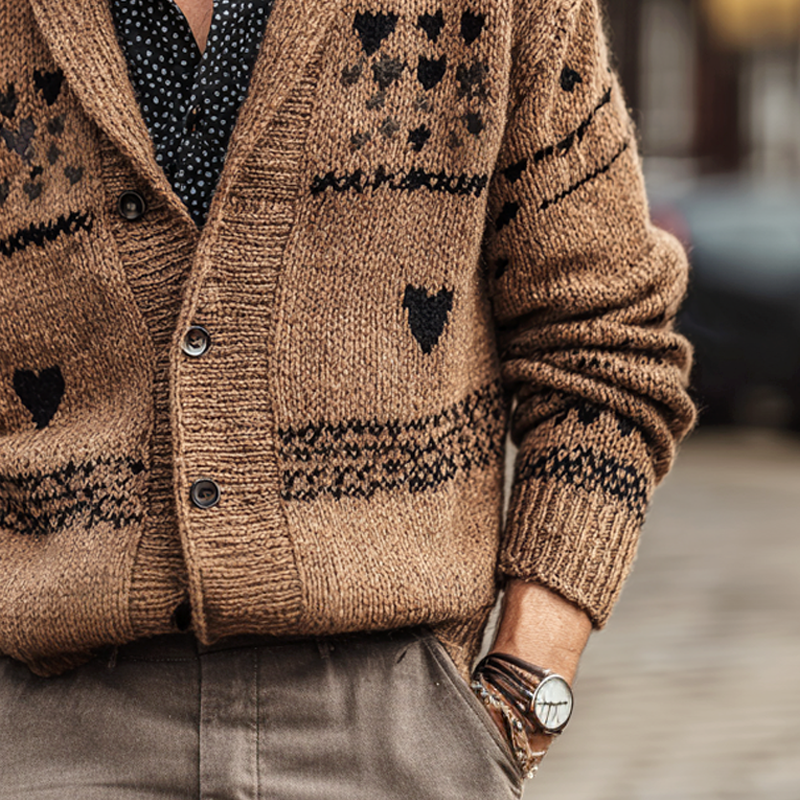 Men's Heart Pattern Shawl Collar Single Breasted Knit Cardigan MTA1123I8Z