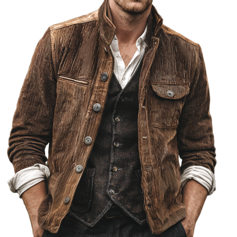Men's Corduroy Stand Collar Single Breasted Casual Jacket MTA3000H6Z