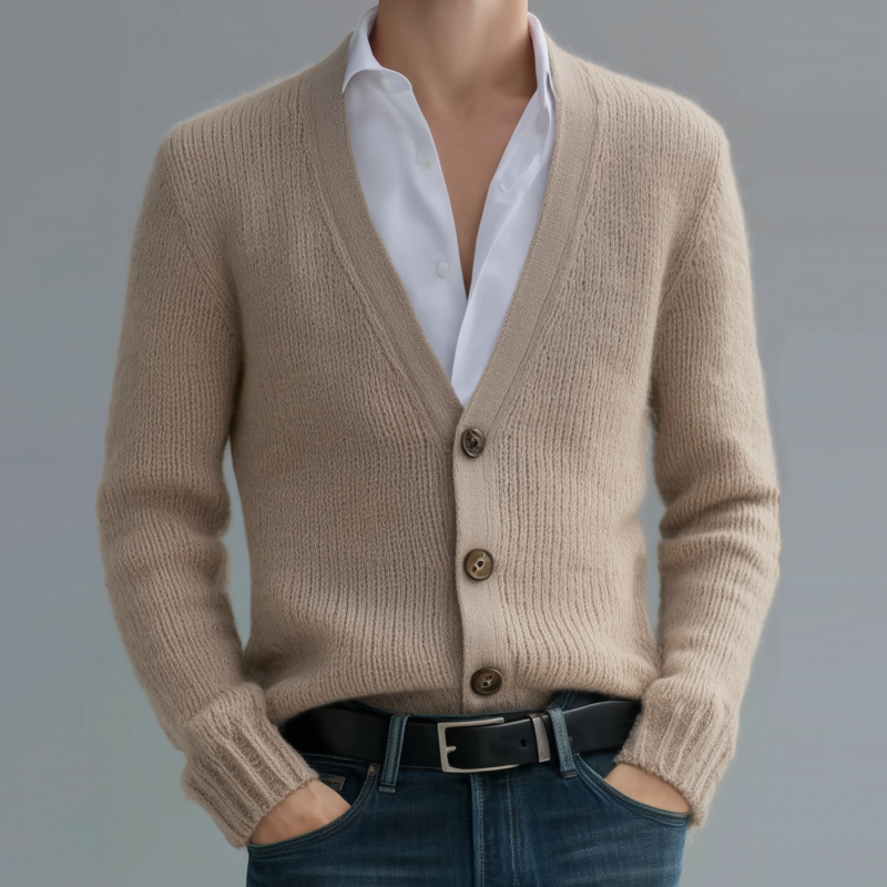 Men's Vintage Elegant Solid Color V-Neck Single-Breasted Slim Fit Soft Knit Cardigan MTA0196H2M