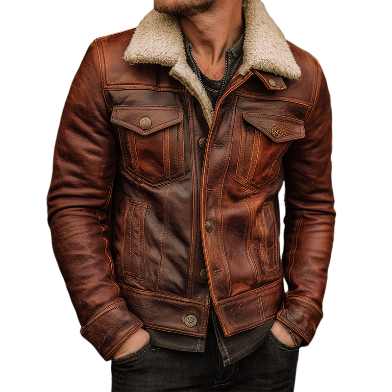 Men's Vintage Distressed Pu Plush Lapel Leather Jacket MTA0319I0TO