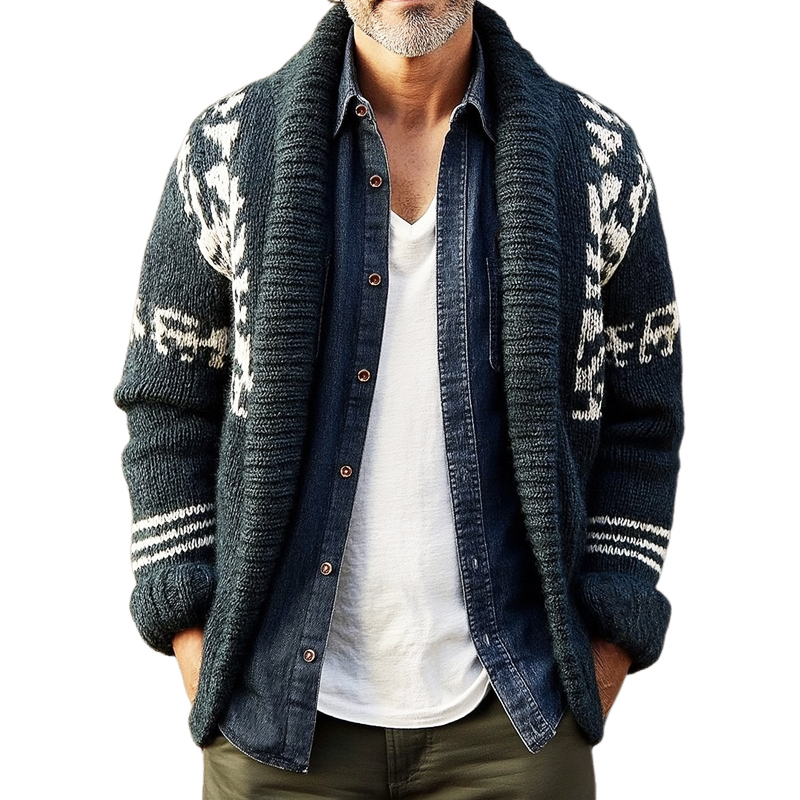 Men's Classic Lapel Colorblock Jacquard Knit Cardigan MTA3035H2U