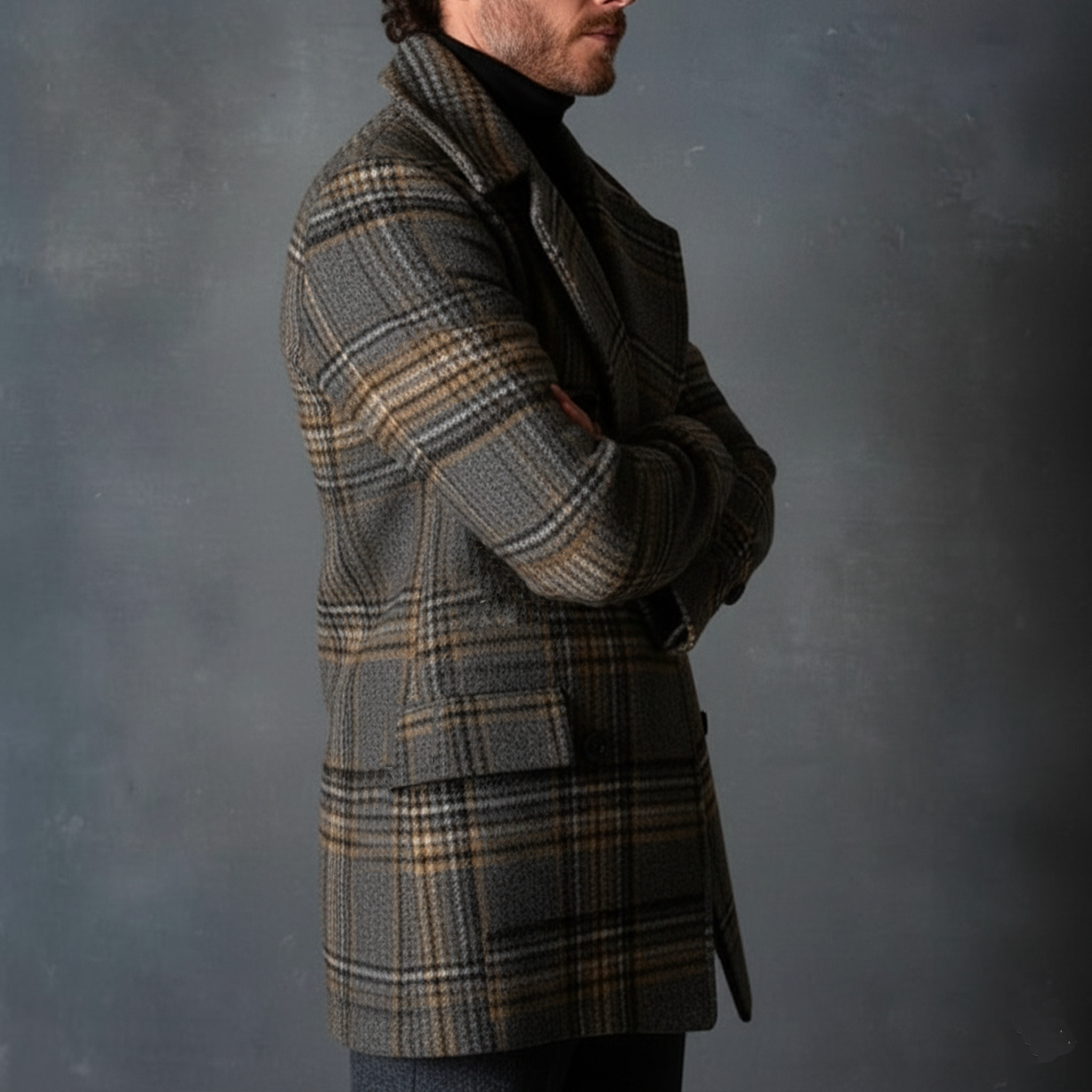 Men's Classic Retro Lapel Faux Plaid Wool Double-breasted Coat MTA3039I1K