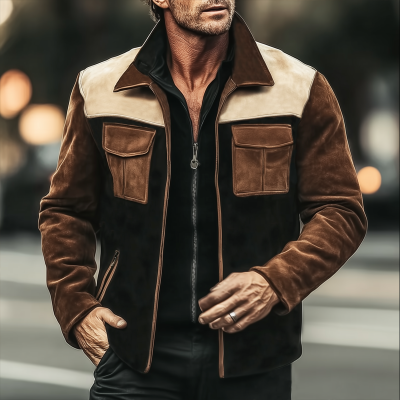 Men's Vintage Colorblock Suede Lapel Zip-Up Jacket MTA2871H0U