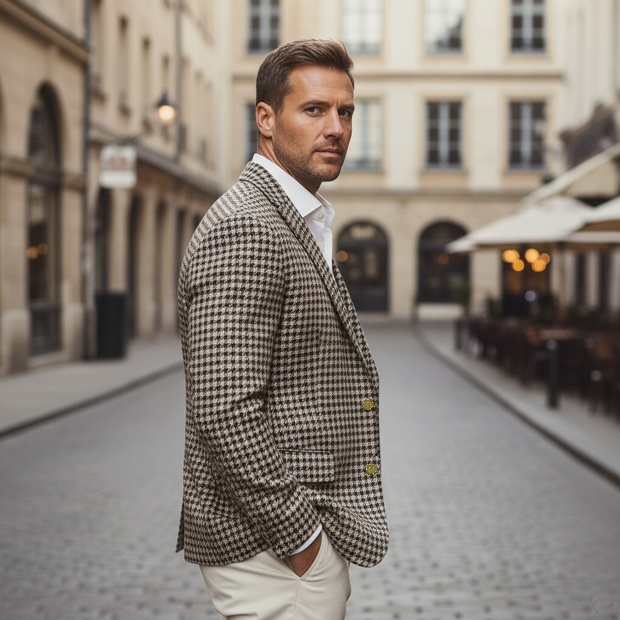 Men's Classic Light Business Faux Woolen Houndstooth Single-breasted Blazer MTA2289I6K
