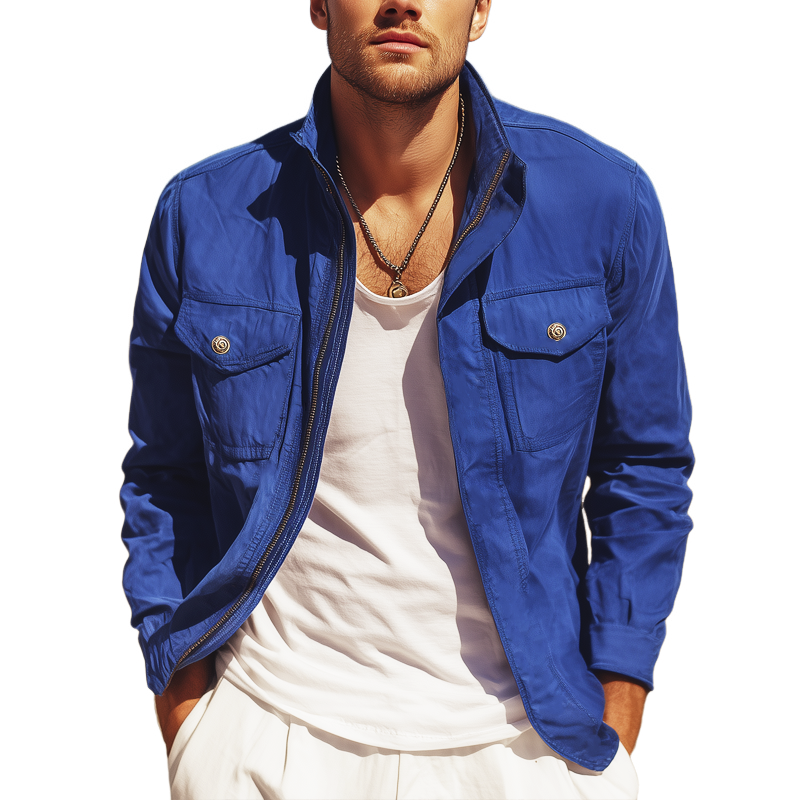 Men's Classic Klein Blue Stand Collar Zip-Up Jacket MTA0598H2U