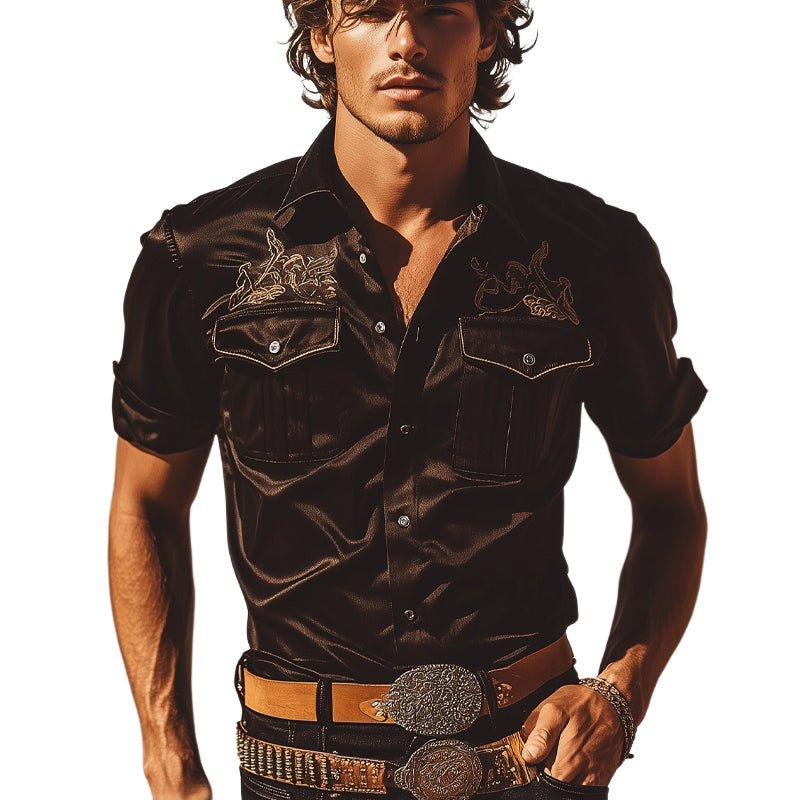 Men's Solid Color Embroidered Short Sleeve Shirt MTA1595E2X