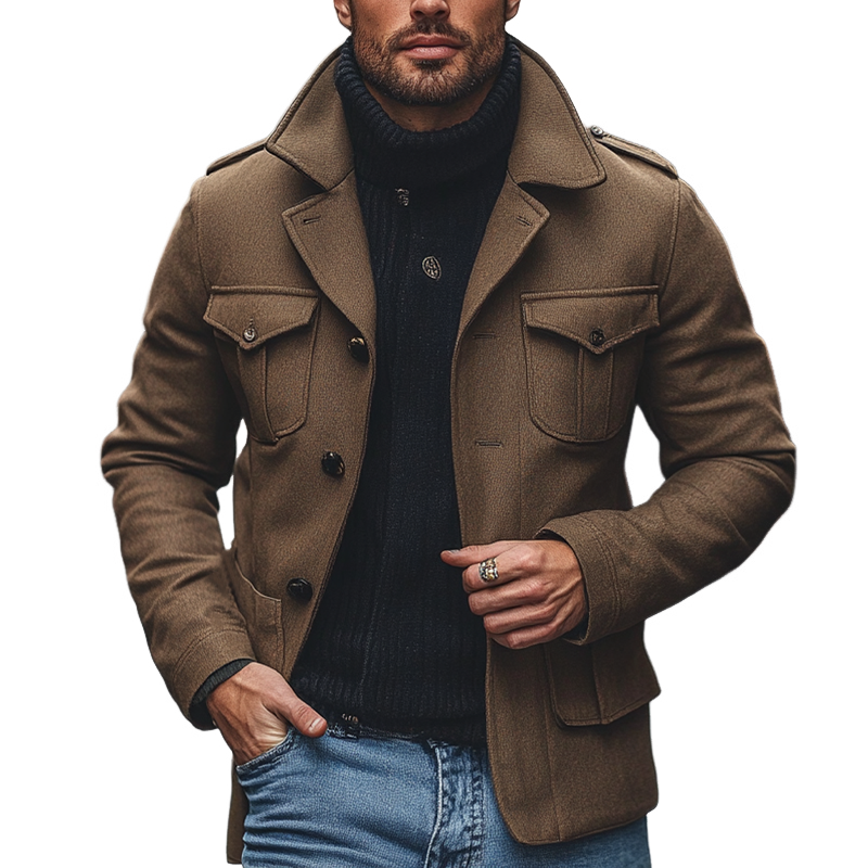 Men's Solid Color Faux Wool Blend Lapel Multi-Pocket Jacket MTA2816I5X