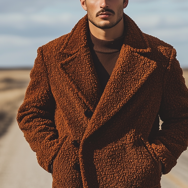 Men's Retro Solid Color Loose Fleece Lapel Button-Down Long Coat MTA3080J8X