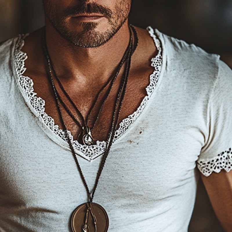 Men's Solid Color Cotton Blend V-Neck Lace Stitching Short-Sleeved T-Shirt MTA0371F3X