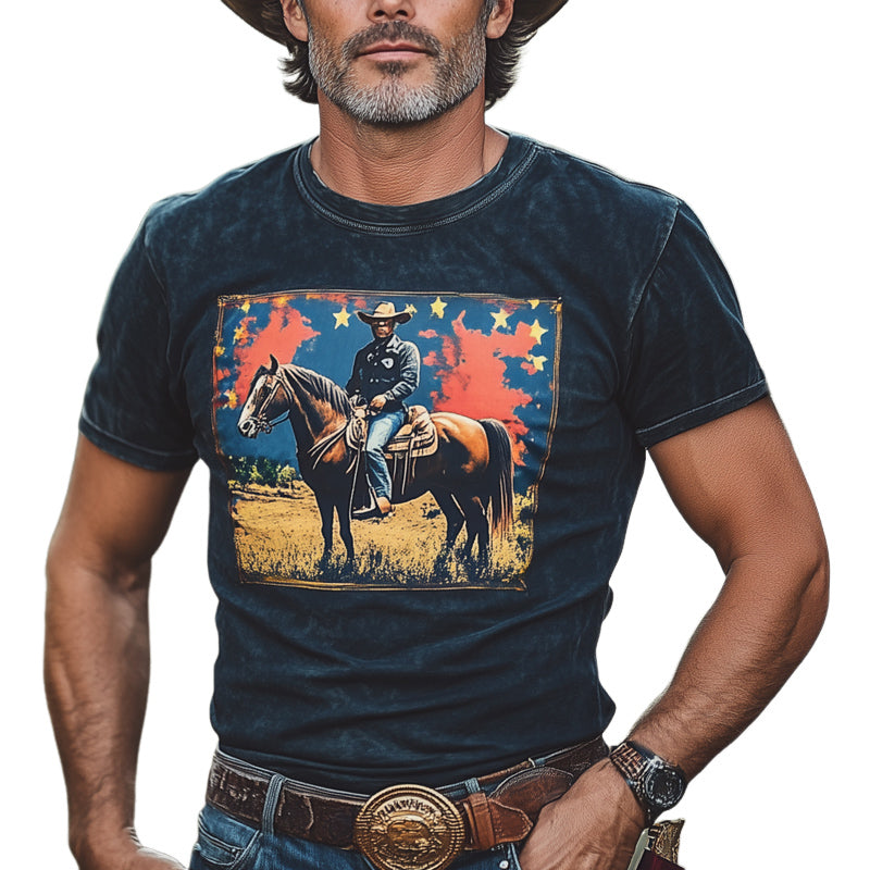 Men's Western Cowboy Style Printed Crew Neck T-Shirt MTA2826D7U