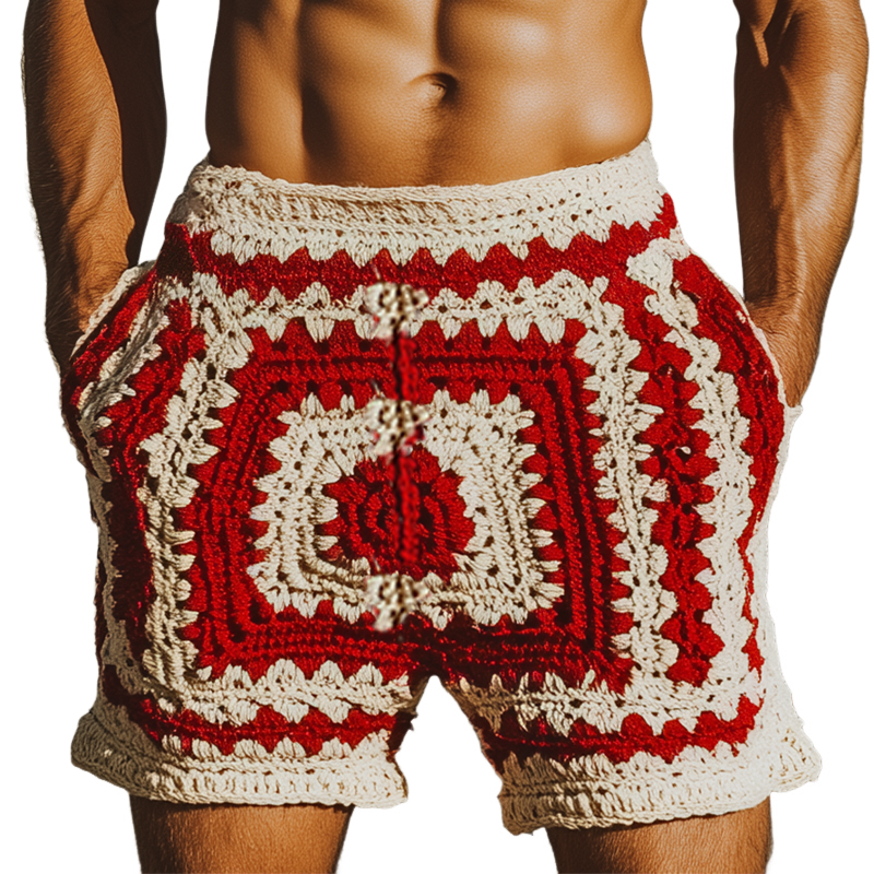 Men's Summer Fashion Casual Hollow Crochet Contrast Knitted Elastic Waist Shorts MTA2787F3K