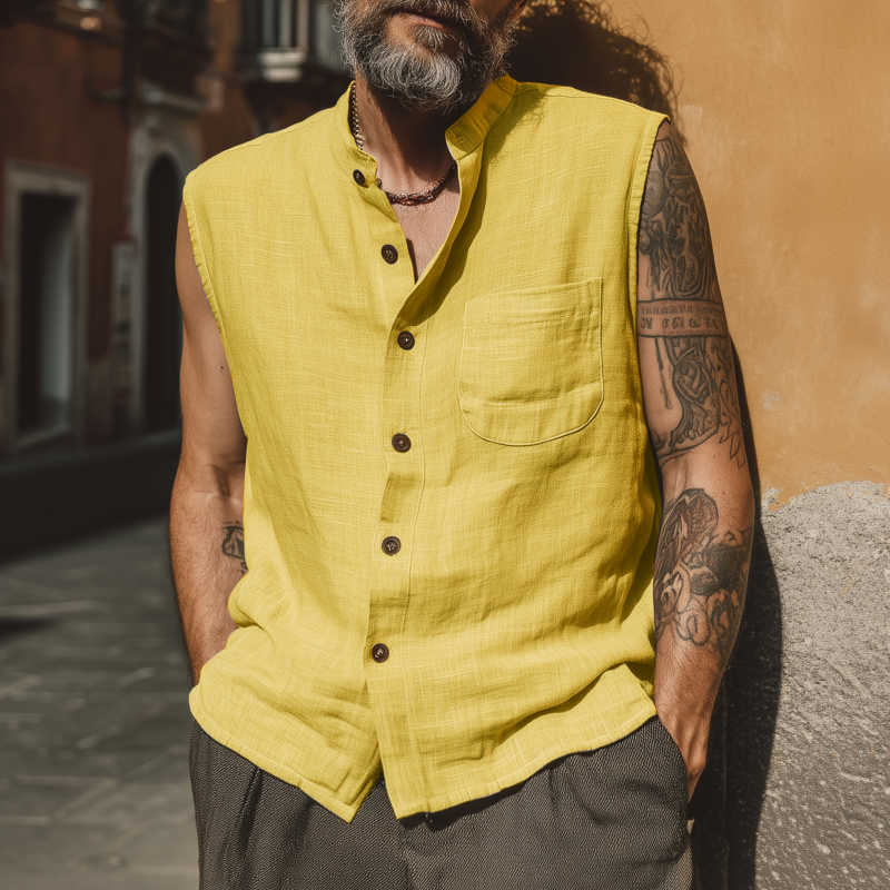 Men's Casual Breathable Linen Stand Collar Patch Pocket Loose Sleeveless Shirt MTA0379G1M