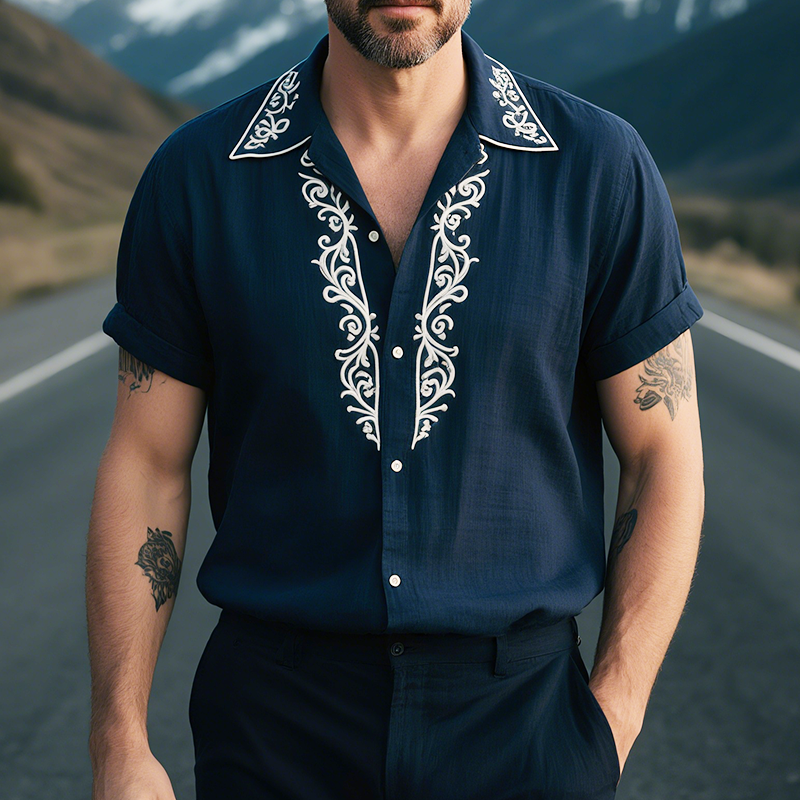 Men's Retro Casual Linen Palace Style Embroidered Lapel Short Sleeve Shirt MTA1678G2TO