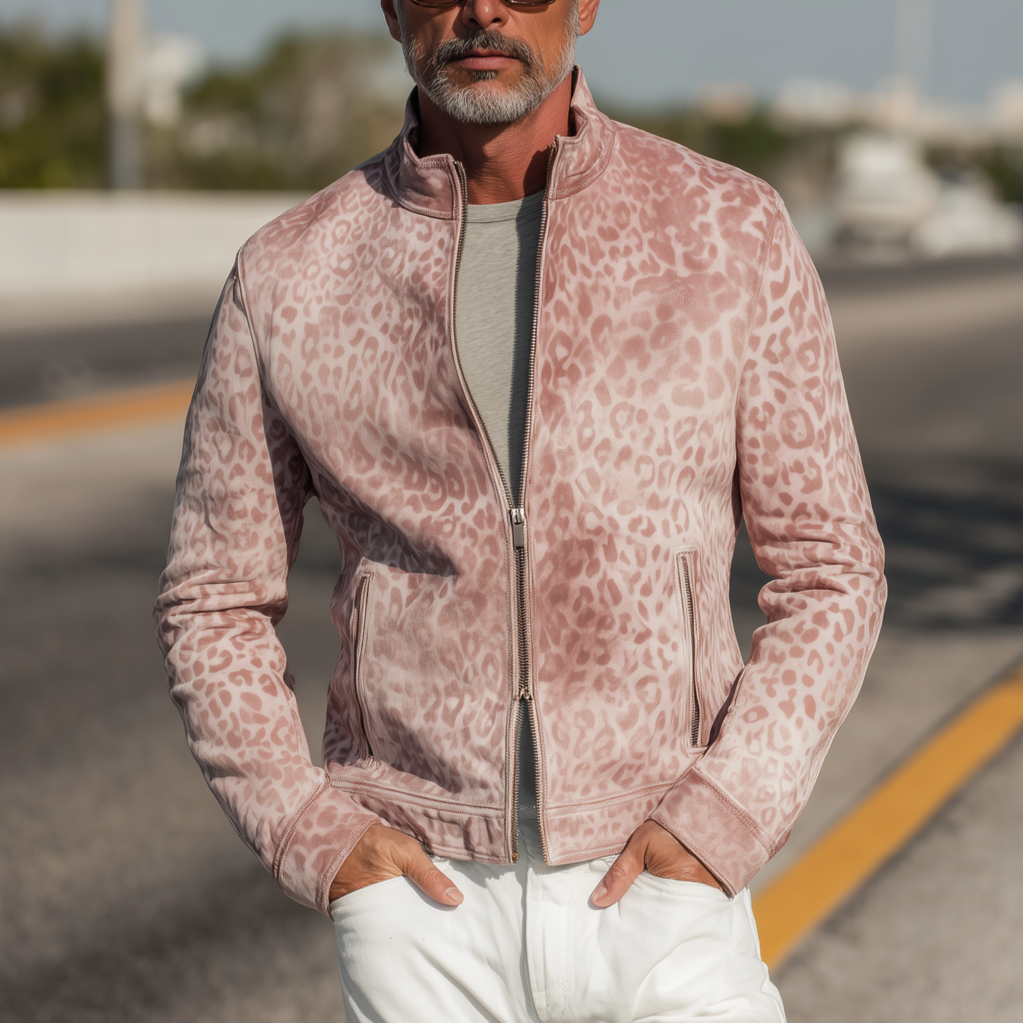 Men's Fashion Casual Pink Leopard Print Suede Stand Collar Zipper Jacket MTA1314H0K