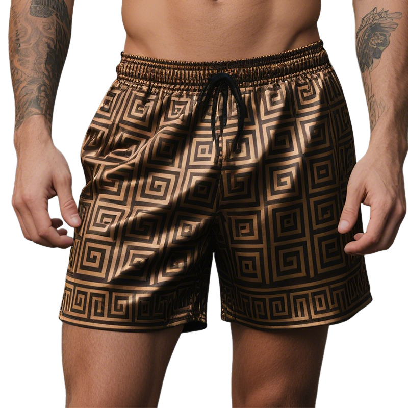 Men's Vintage Greek Key Colorblock Casual Print Satin Drawstring Shorts MTA1666E6TO